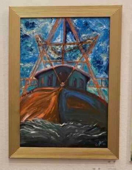 Original Ocean Debris Painting "Miss Carol II" Gold Frame 36 X 24 by Lisa Dill